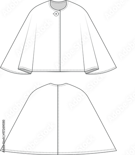 sleeveless buttoned round neck pancho jacket coat outerwear template technical drawing flat sketch cad mockup fashion woman design style model 
