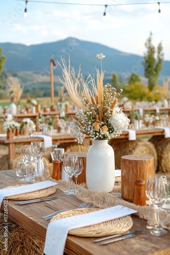 A countryside wedding setup with hay bales and rustic wooden tables.
