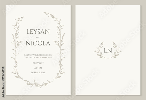 Wedding invitation. Frame of flowering grass.  Floral monogram frames. Hand-drawn monogram wreath.