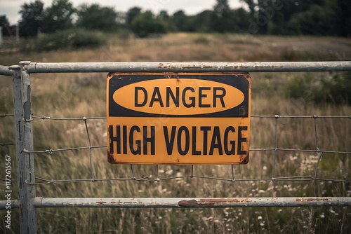 A rusty metal fence displays a worn Danger High Voltage sign. The background is overgrown and blurred, suggesting an abandoned or restricted area. photo