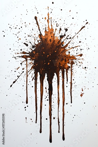 Abstract splatter of brown paint with drips and droplets on a white background.