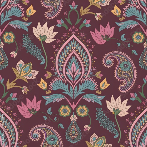 Vibrant, Hand-Drawn Floral Pattern Featuring Pink, Blue, Green, and Yellow Flowers on Dark Purple Background.