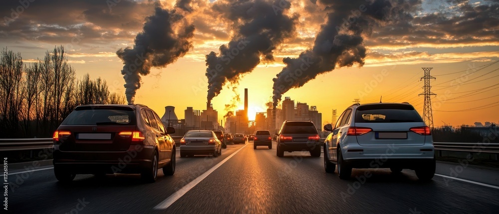 Fototapeta premium Climate change and global warming, policy. Urban scene with cars on a highway against a backdrop of smoke and sunset.