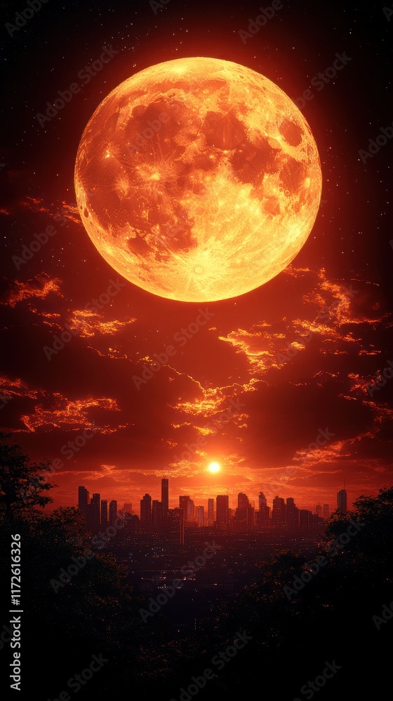 A dramatic sunset with a large orange moon over a city skyline. A dramatic sunset with a large orange moon over a city skyline.