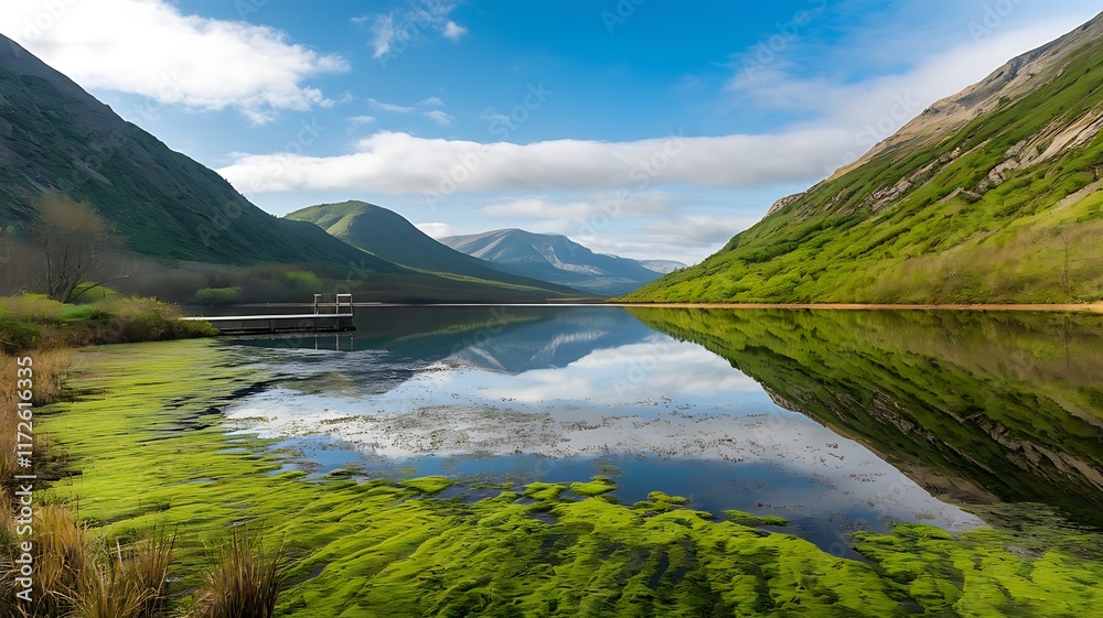 Fototapeta premium Scenic Mountain Lake with Reflections of Majestic Peaks, Tranquil Alpine Lake Surrounded by Stunning Mountain Landscape, Serene Mountain Lake with Crystal Clear Water and Forested Hills