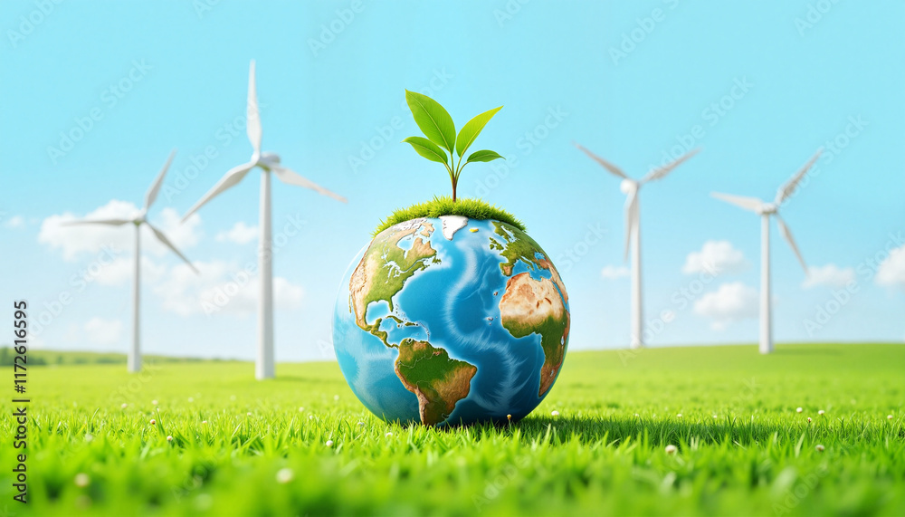 Earth with green plant against wind turbines in sunny field Earth with green plant against wind turbines in sunny field