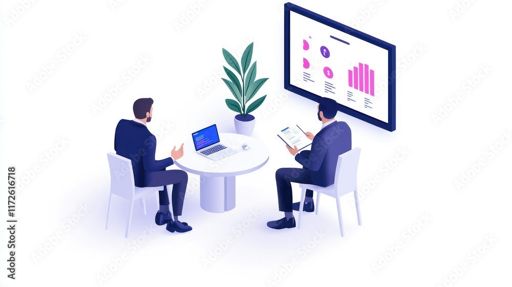 Two professionals discussing data at a modern meeting table. Two professionals discussing data at a modern meeting table.
