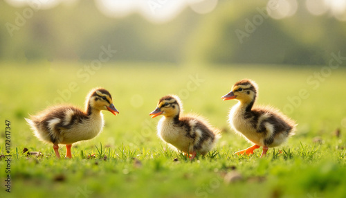 Ducklings interacting on green grass