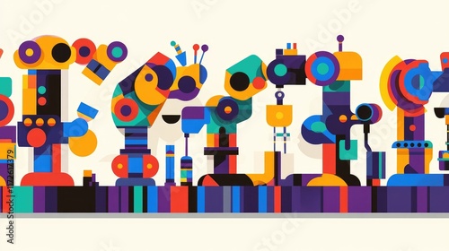 Industrial robots painted in bold colors, working on an assembly line with a clean background.