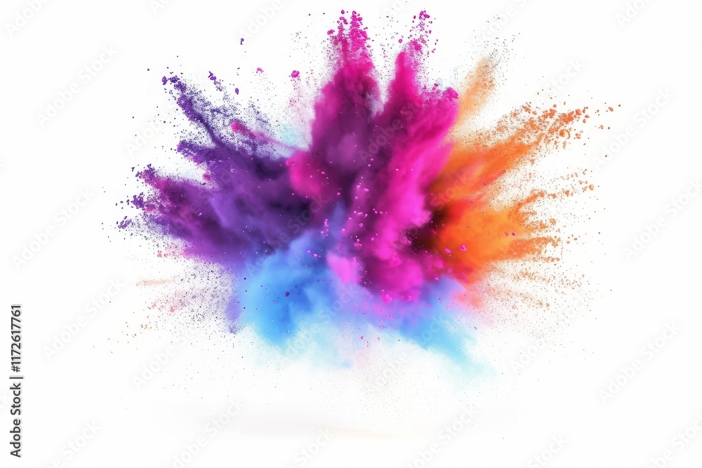 Colored powder explosion creates vibrant abstract art on a clean white background showcasing a dynamic fusion of hues in motion during a lively artistic event Colored powder explosion creates vibrant abstract art on a clean white background showcasing a dynamic fusion of hues in motion during a lively artistic event