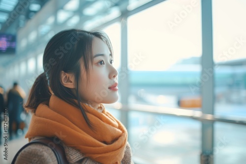 Young asian woman gazing out at the terminal windows while waiting at the international airport in AI Ge during early morning hours photo