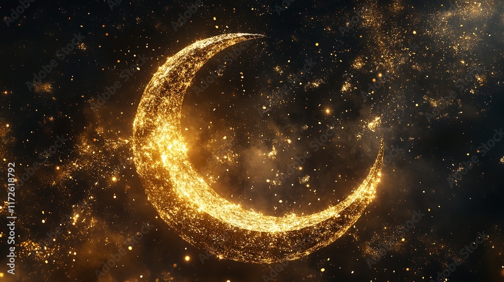 Fototapeta premium Glowing crescent moon with ornate lanterns in a dark forest.