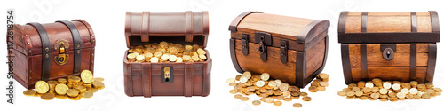 Closeup of an old weathered wooden treasure chest or strongbox open to reveal a glittering hoard of golden coins and other valuable riches spilling out  Concept of financial success wealth