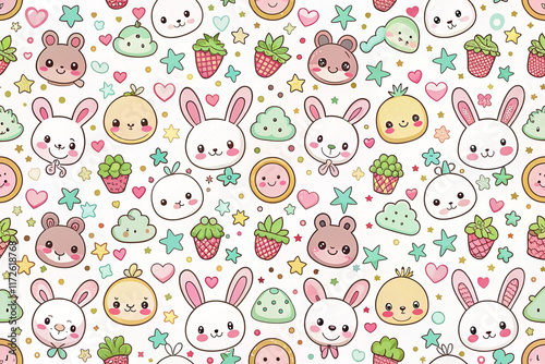 Cute kawaii seamless pattern with bunnies, bears, fruits, and stars.