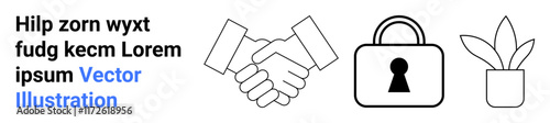 Handshake, lock, and plant with placeholder text. Ideal for business agreements, security, partnerships, confidentiality, growth accessibility trust. Landing page