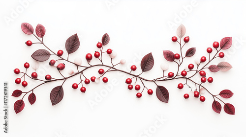 Top down view of delicate red berries and twigs against white background