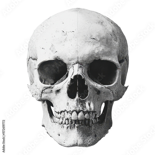 Minimalist skull design, stark white backdrop, contemporary art piece, striking visual contrast, modern aesthetic appeal, intriguing focal point. photo