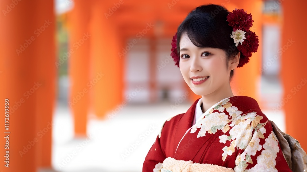 Smiling Japanese woman in traditional costume - elegance of Japanese culture and symbol of diversity Smiling Japanese woman in traditional costume - elegance of Japanese culture and symbol of diversity
