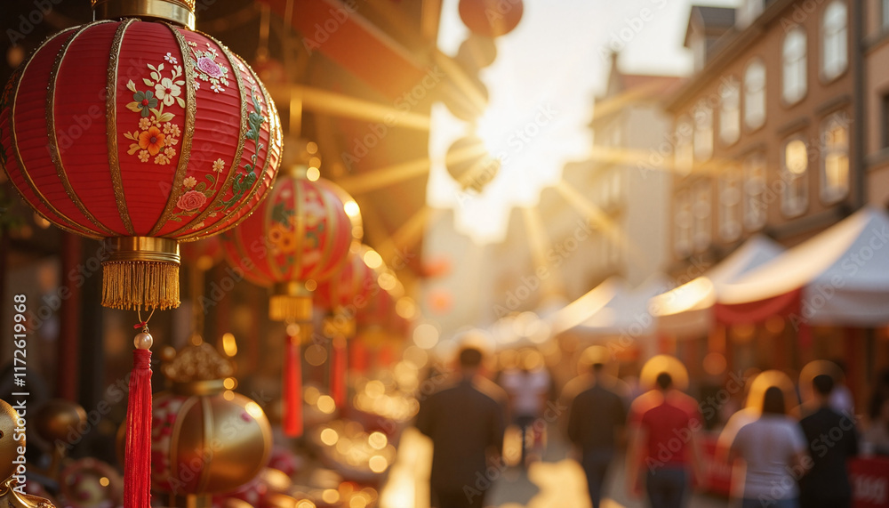 Obraz premium Lanterns glowing in vibrant street market at sunset