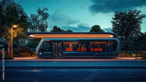 Tram travels through urban streets at dusk, illuminating the city with warm light