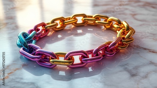 A chain bracelet with rainbow links on a marble surface is a symbol of connection and support for the LGBT community photo