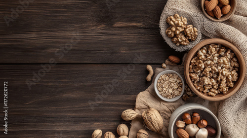 nut themed breakfast spread featuring various nuts, seeds, and oats arranged on rustic wooden table, perfect for healthy eating