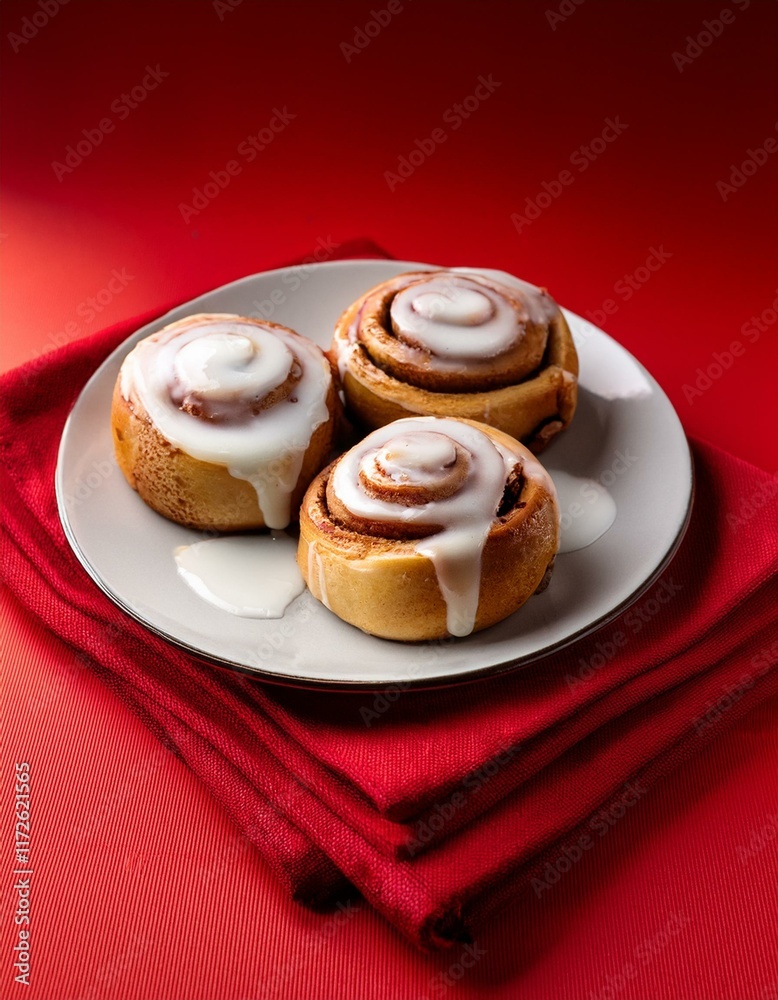 Freshly baking cinnamon rolls with white frosting on red background Freshly baking cinnamon rolls with white frosting on red background