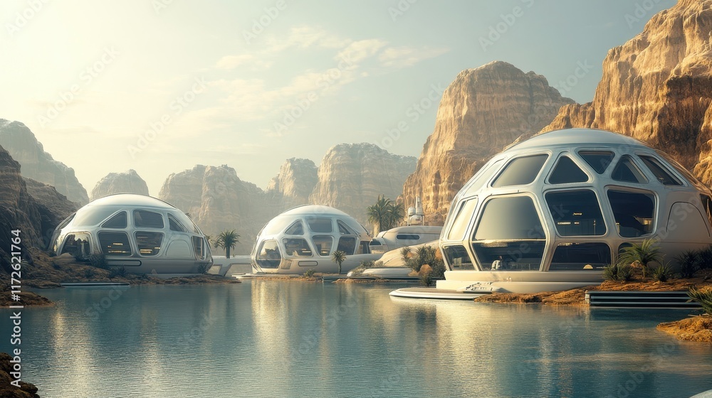 Futuristic architectural landscape with domes and towering structures near tranquil waters at twilight Futuristic architectural landscape with domes and towering structures near tranquil waters at twilight
