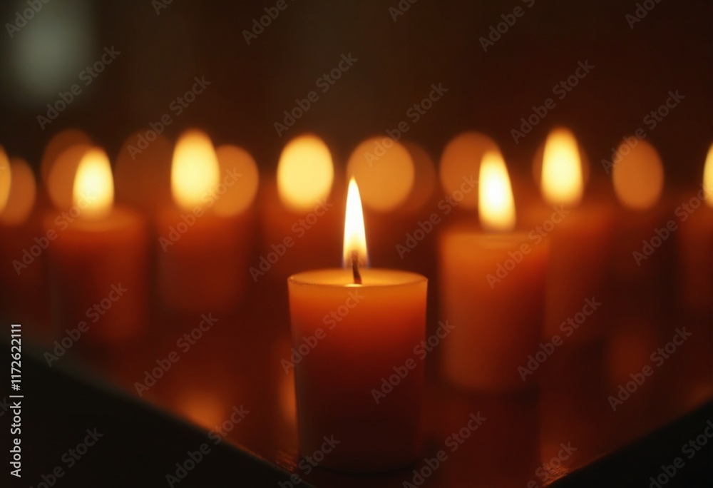 Lit candles in church with warm glow and soft focus Lit candles in church with warm glow and soft focus