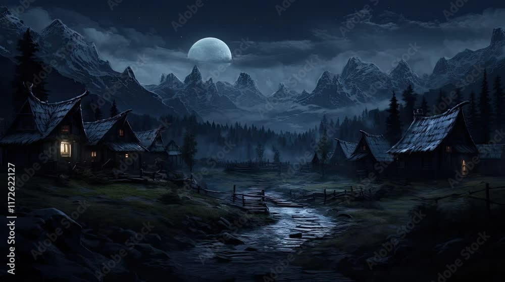 A view of a village with small houses, rock hills, and the moon at night. 4k animated video