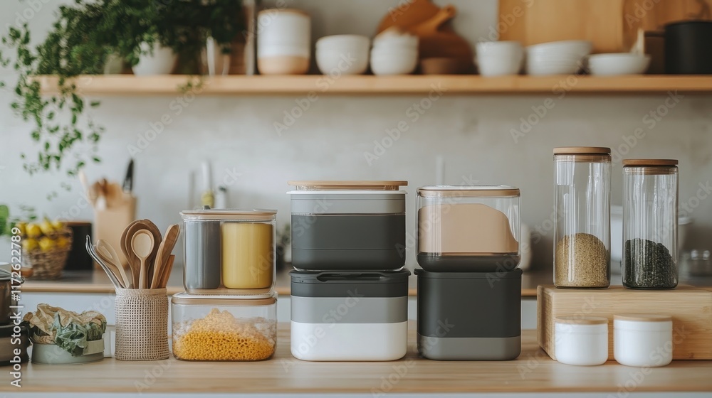 Fresh herbs and vegetables organized in containers on a kitchen counter during daylight hours Fresh herbs and vegetables organized in containers on a kitchen counter during daylight hours