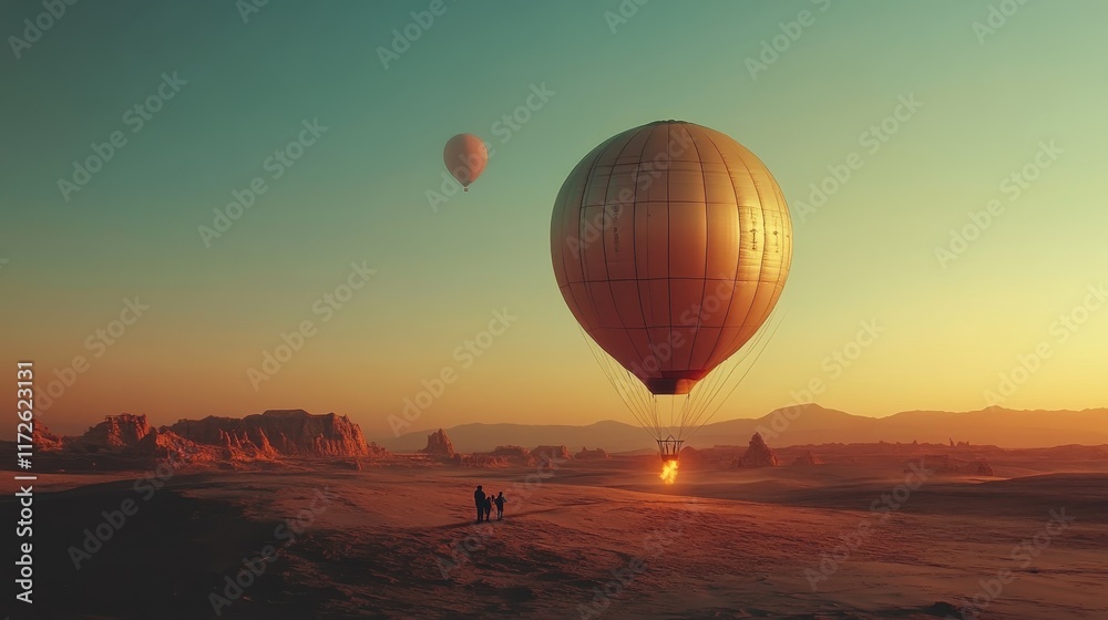 Naklejka premium Two explorers observing hot air balloons during sunset in an open field