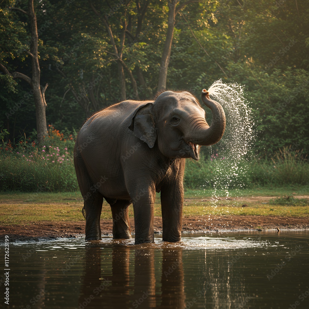 Fototapeta premium An elephant spraying water with its trunk in a calm lake surrounded by greenery, showcasing its natural beauty.