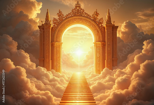 Majestic celestial palace with golden light, created using AI Generative Technology