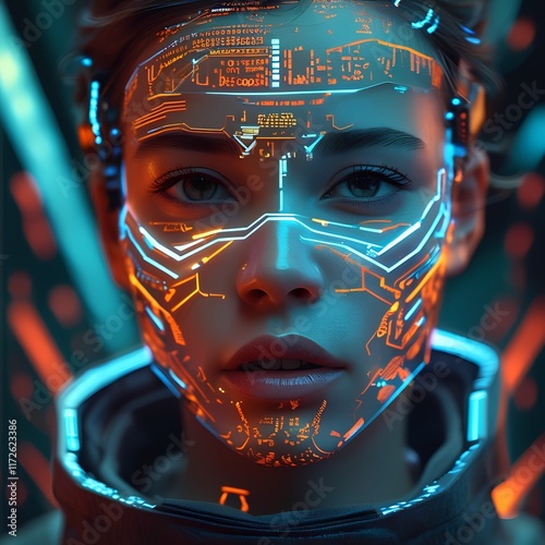 A close-up portrait of a woman with a futuristic, cybernetically enhanced face, displaying glowing orange/yellow circuit-like patterns on skin, and intensely green eyes,  wearing a dark-toned, armored photo