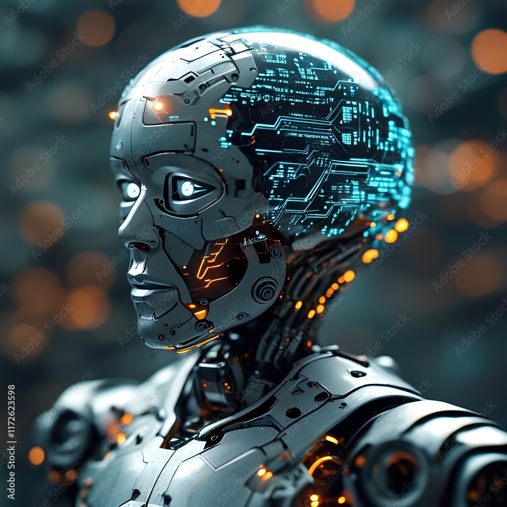 Fototapeta premium A highly detailed close-up of a futuristic, metallic robot head and upper torso, featuring intricate glowing circuits and bright orange accents, with a cool, gray-white color palette and a blend of sm
