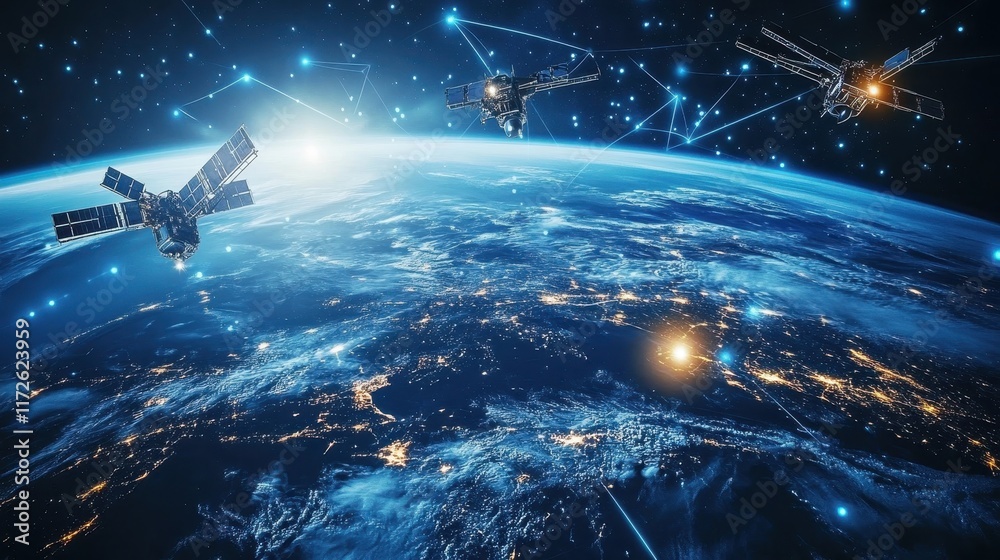 View of a futuristic space station connecting over Earth at night with glowing cities View of a futuristic space station connecting over Earth at night with glowing cities
