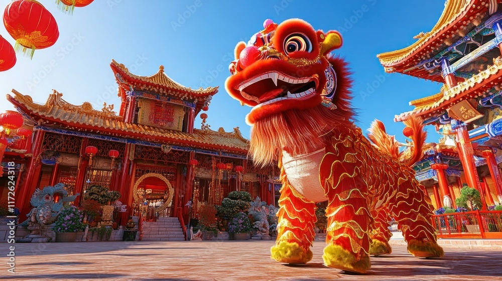 A lion dance performance in a wide-open square, colorful costumes and festive music creating an exciting atmosphere A lion dance performance in a wide-open square, colorful costumes and festive music creating an exciting atmosphere