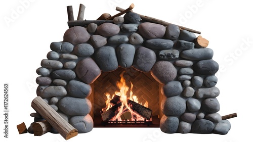 Rustic stone fireplace with active burning fire, showcasing a cozy and traditional cabin-style interior design, isolated on a white background. photo