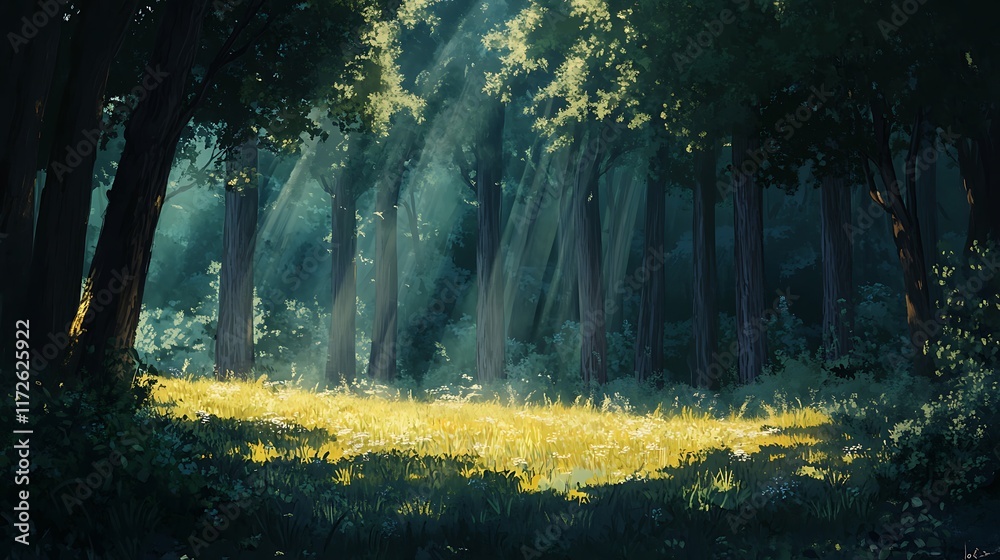 Obraz premium 15. Calm forest scene with sunlight illuminating a patch of grass among tall trees