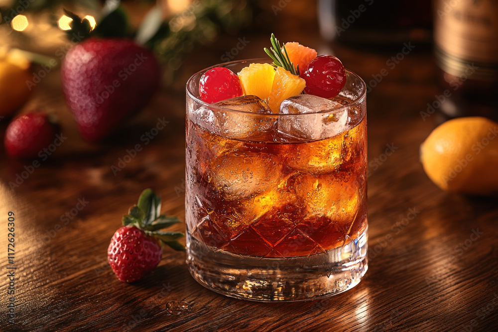 Fruity cocktail with ice on wood bar, festive background lights Fruity cocktail with ice on wood bar, festive background lights