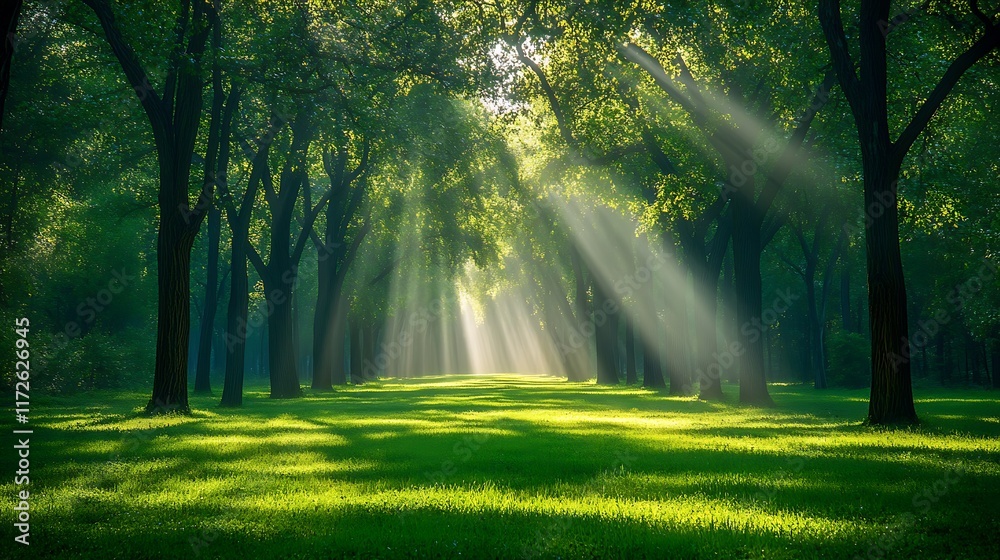 Fototapeta premium 1. Sunlight streaming through dense green tree leaves in a serene forest