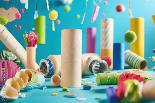 Creative arts and crafts materials arranged on a vibrant blue background for DIY projects