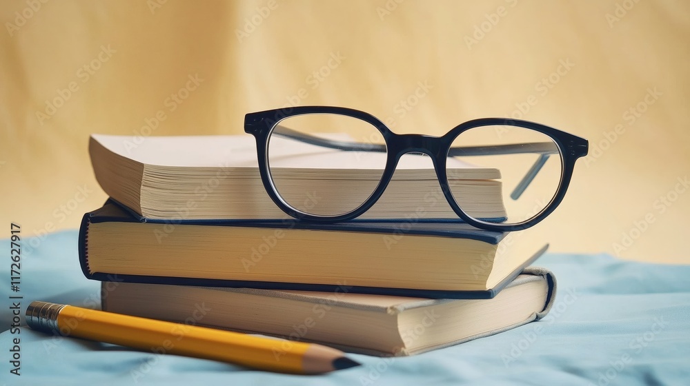 Classic Glasses Resting on Stacked Books with a Yellow Background Classic Glasses Resting on Stacked Books with a Yellow Background