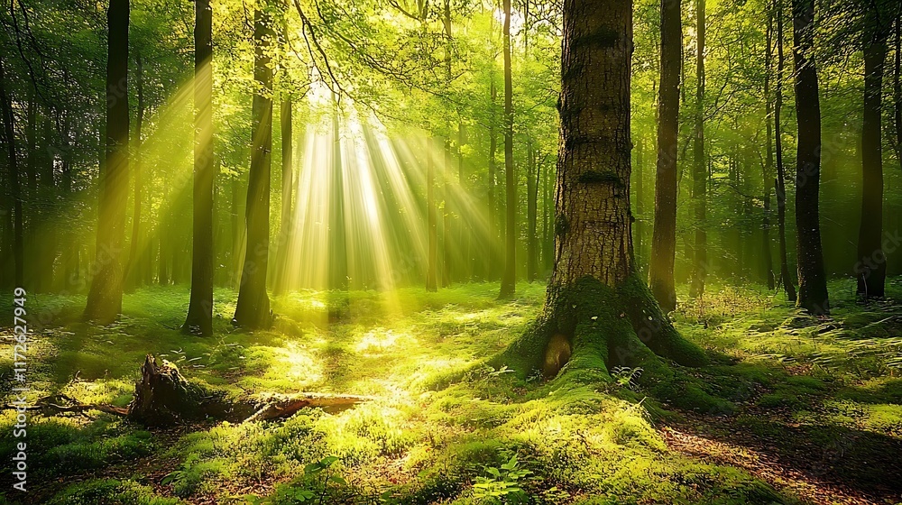 Fototapeta premium 17. Soft light rays piercing through dense tree leaves in an idyllic woodland setting