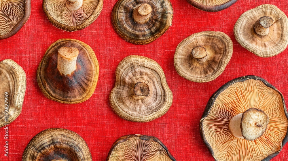 Reishi mushrooms in various orientations, arranged naturally on a bright red surface, clean and vibrant. Reishi mushrooms in various orientations, arranged naturally on a bright red surface, clean and vibrant.