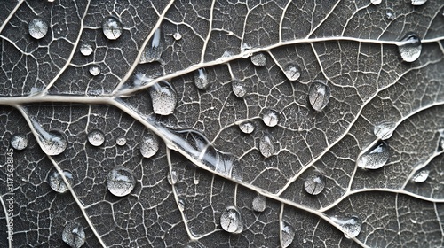 6. Water droplets magnifying the details of leaf veins in an intricate close-up photo