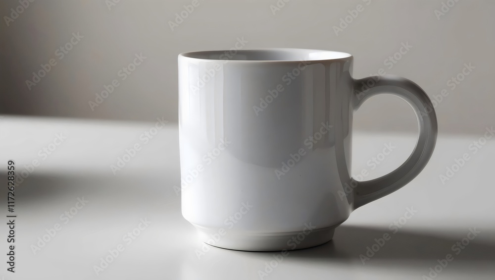White Mug on Table: Minimalist Morning Beverage with Clean Background White Mug on Table: Minimalist Morning Beverage with Clean Background