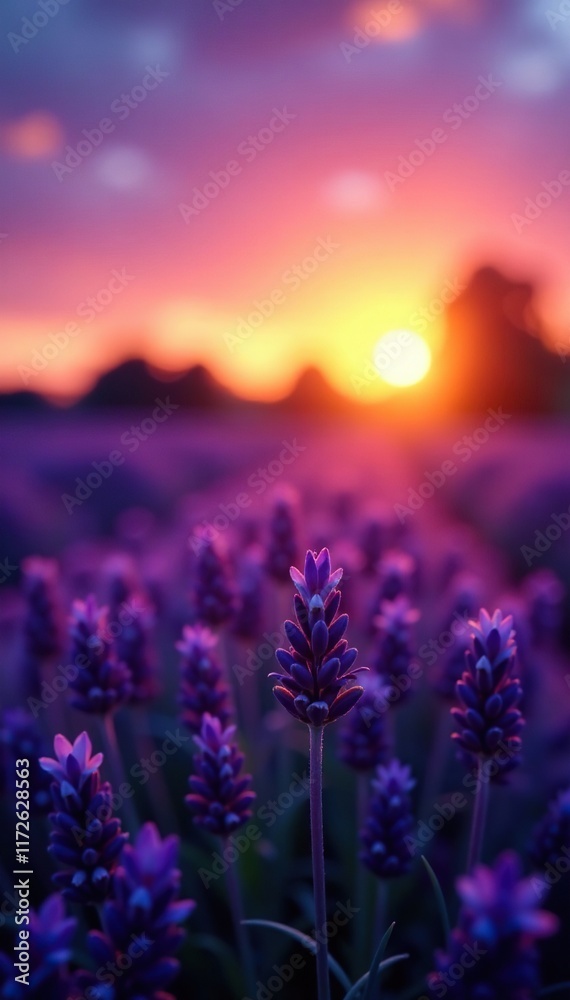 Fototapeta premium Aromatic lavender field with purple hue at sunset, purple, bokeh