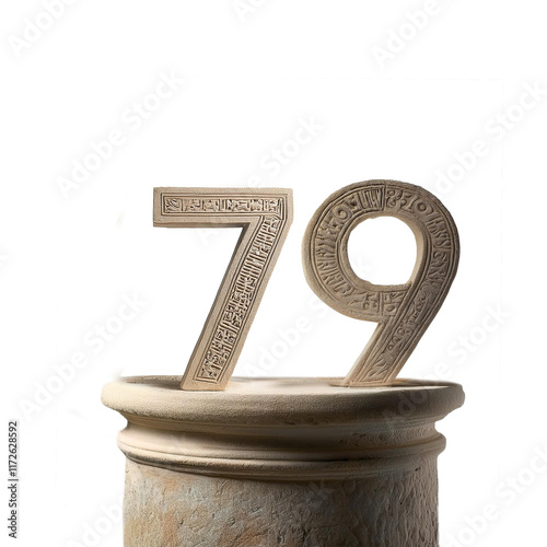 number 79 on a stone pillar with ancient relief Hebrew scripts photo